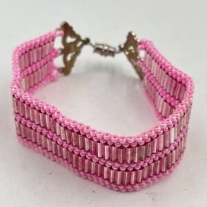 Vintage Pink Beaded Cuff Bracelet Y2K Boho Seed & Bugle Bead Magnetic Clasp